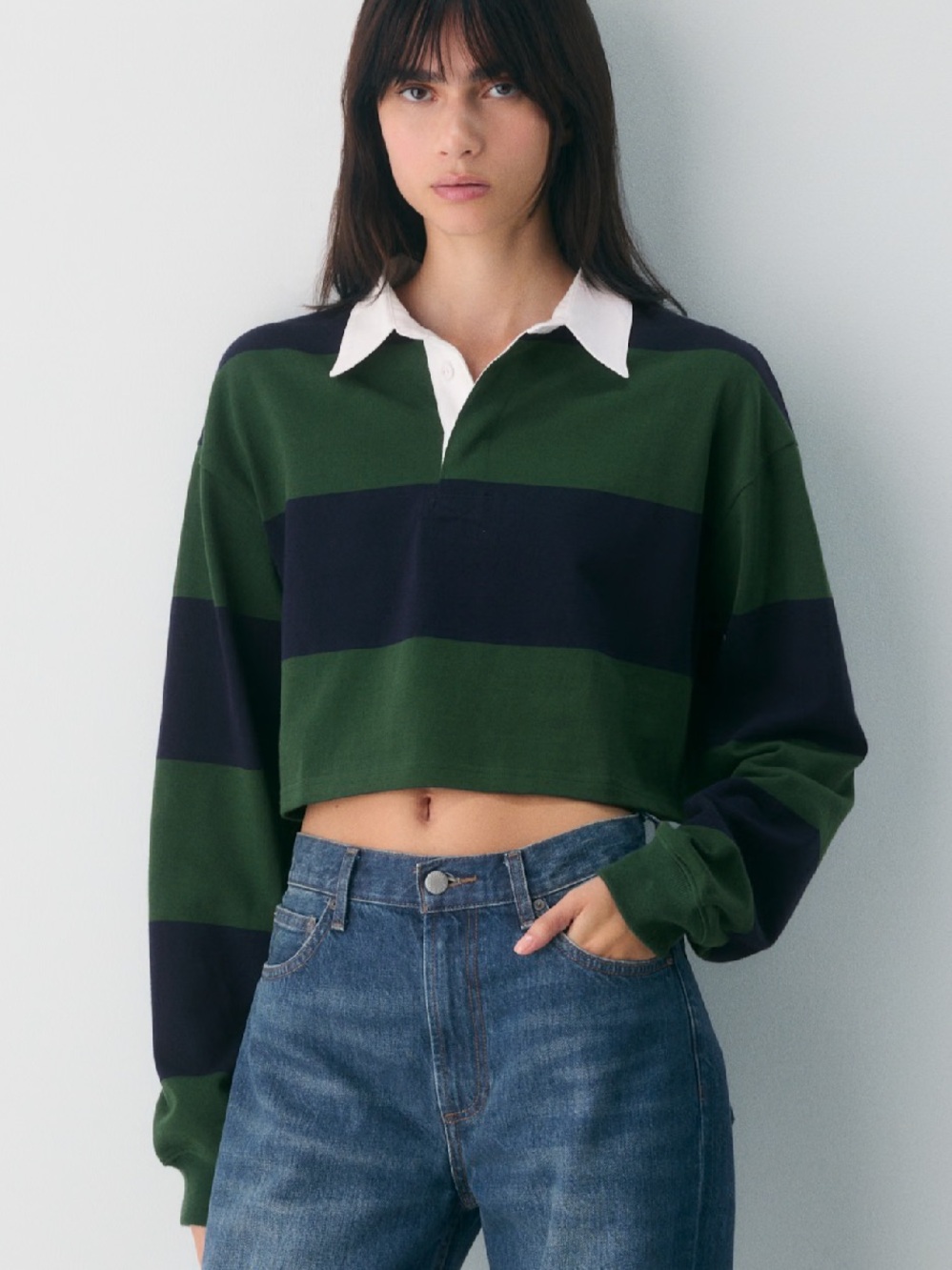 TNA Striped Cropped Rugby Polo - Green & Navy | XXS